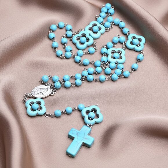 Turquoise Catholic Rosary Cross Religious Praying Fashion Necklace NWOT - Picture 3 of 10